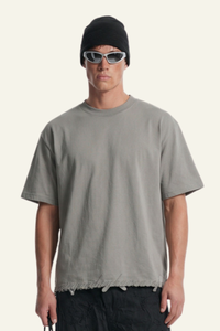 Men's Streetwear  Embroidered Raw-Edge Drop-Shoulder T-Shirt