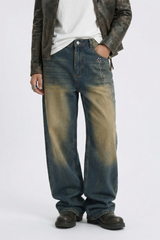 Men's Chain Rhinestone Washed Blue Yellow Fade Wide Jeans