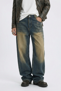 Men's Chain Rhinestone Washed Blue Yellow Fade Wide Jeans