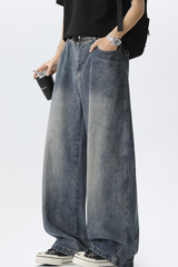 Men's Spring Summer Washed Vintage Wide Curved Jeans
