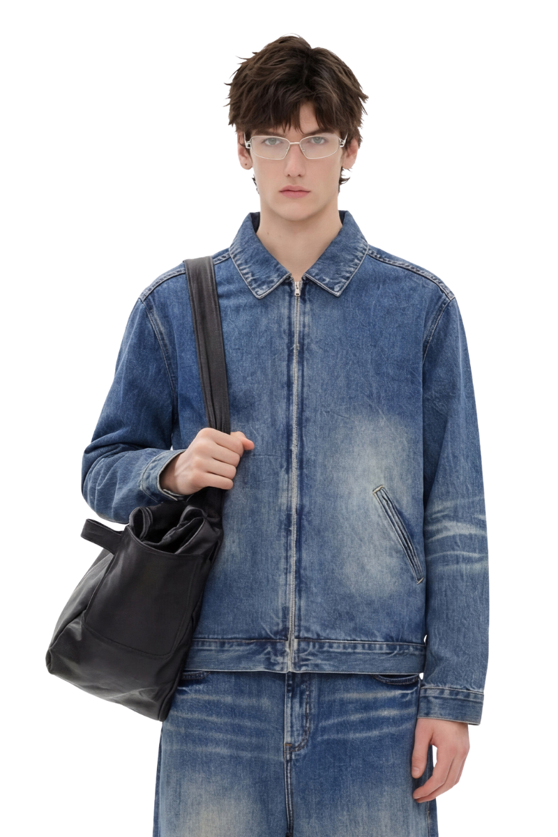Men's SpringSummer 543g Washed Denim Loose Collar Zip Jacket