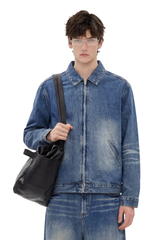 Men's SpringSummer 543g Washed Denim Loose Collar Zip Jacket
