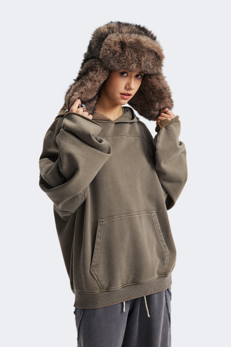 Women's Cotton Streetwear Washed Drop-Shoulder Hoodie