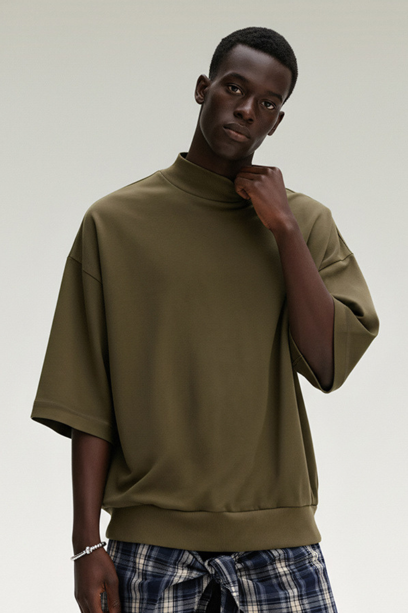 Men's Summer Mock Neck 305g Cotton Boxy Dolman Ribbed Tee