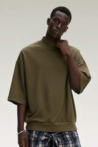 Men's Summer Mock Neck 305g Cotton Boxy Dolman Ribbed Tee