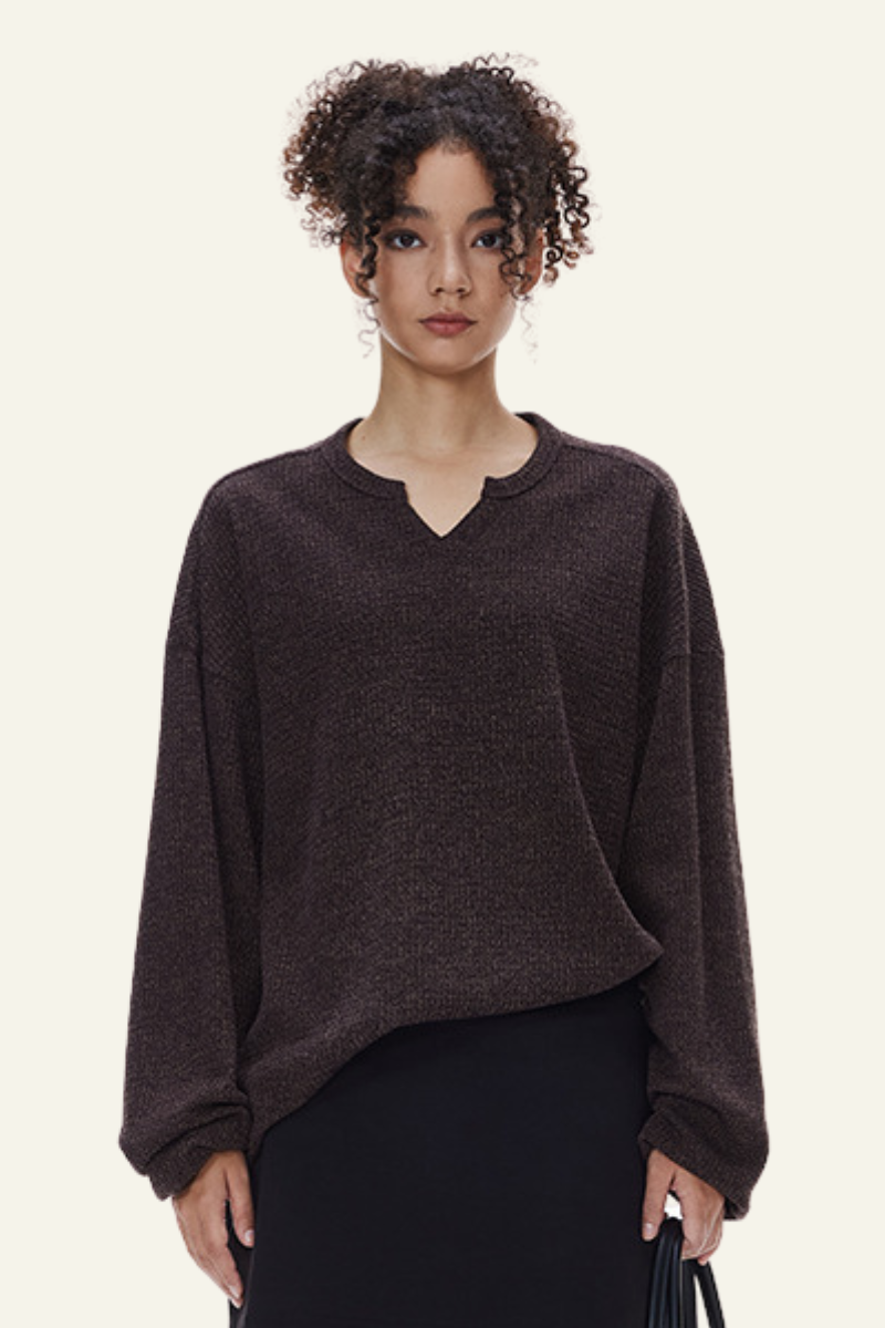Women's Streetwear V-Neck Waffle Textured Knit Sweater