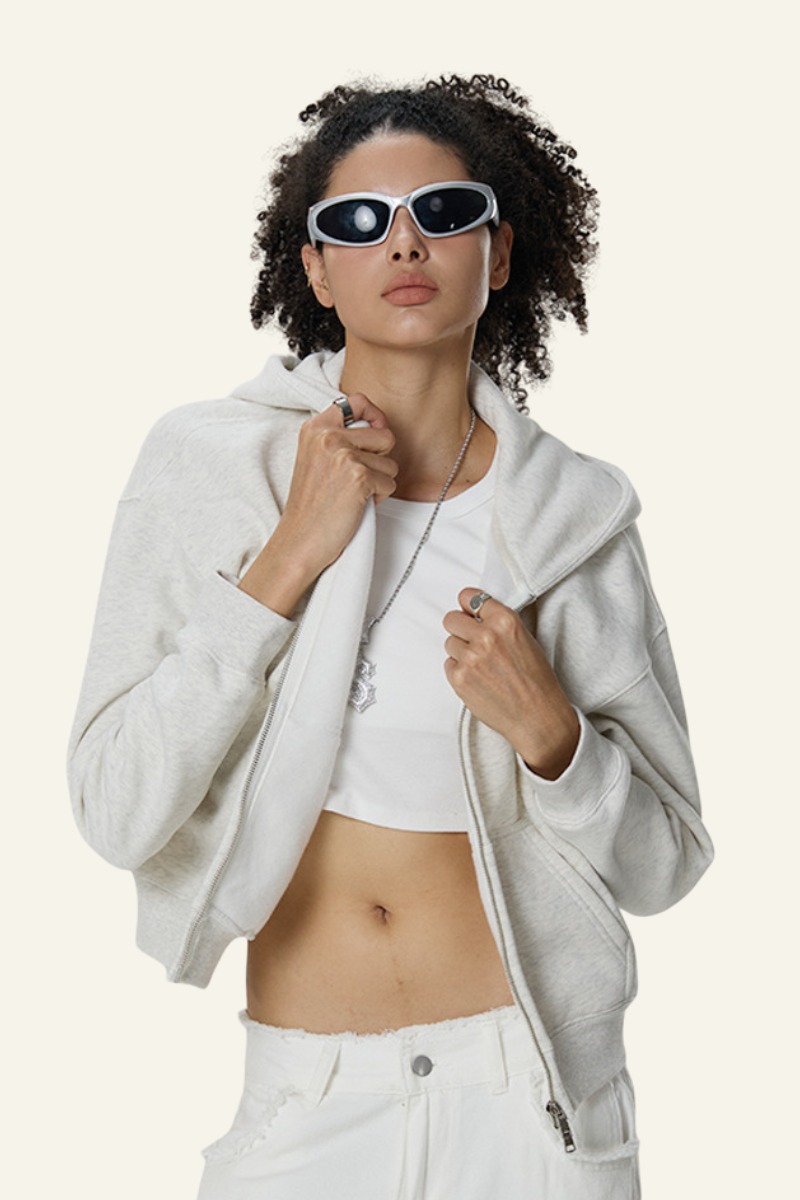 Women's  Fleece-lined Double-Zipper Cropped Hooded Jacket