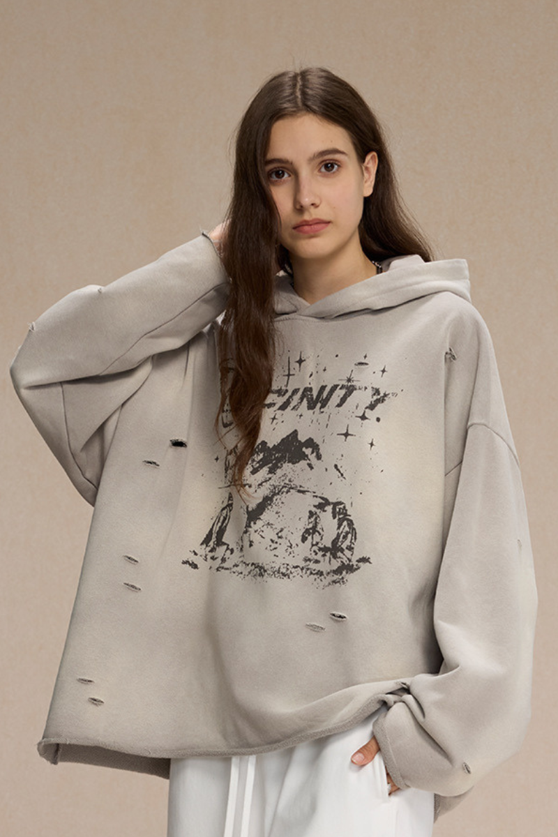 Women's Streetwear Distressed Frayed-Edged Vintage Hoodie