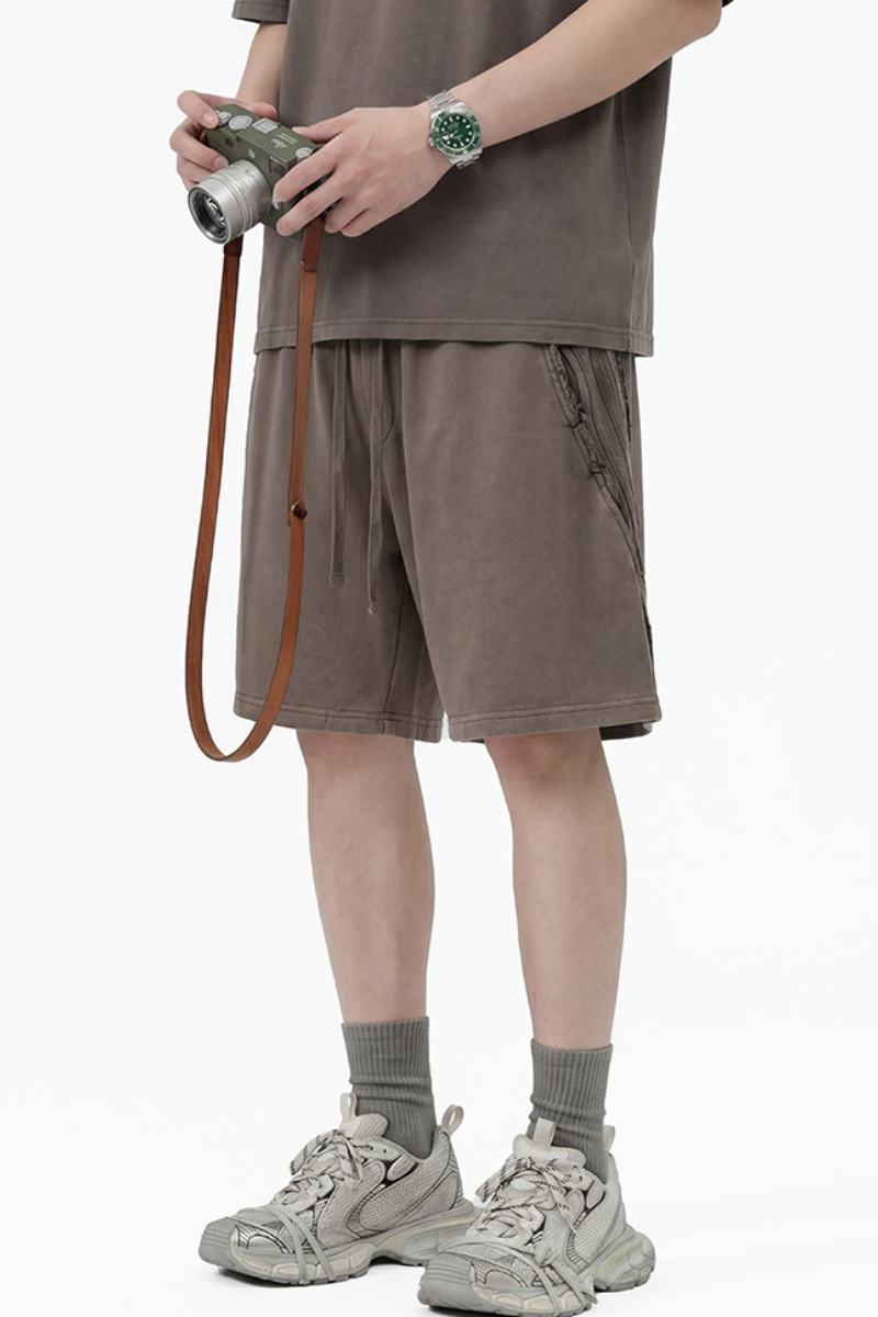 Men's 330g Cotton Washed Elastic Raw Stripe Webbing Shorts