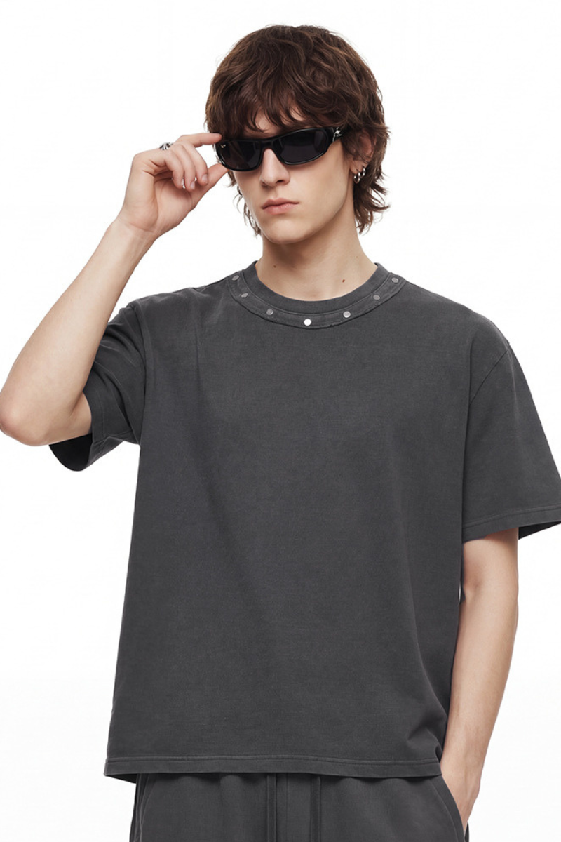 Men's Summer 285g Cotton Washed Rivet Ribbed Oversized Tee