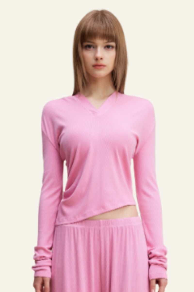 Women's Long Sleeve Deep V-Neck Slim Fit Hooded Top