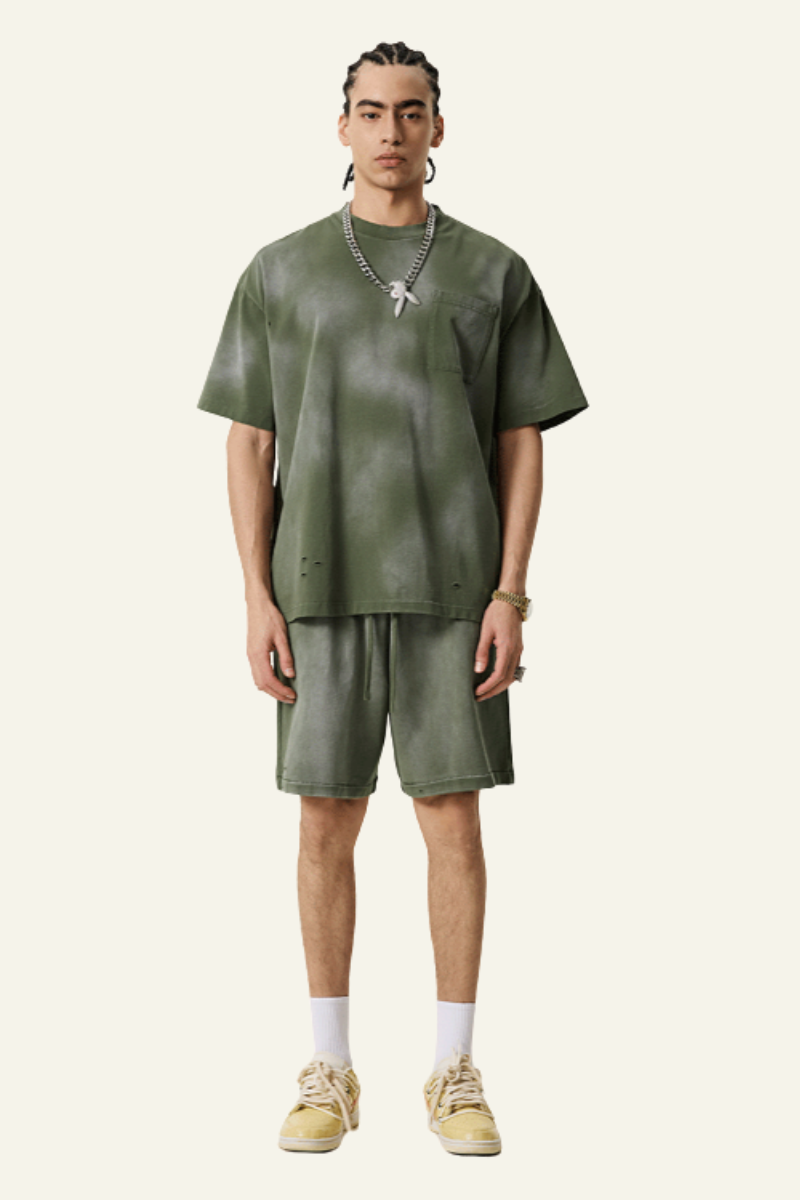 Men's Washed Gradient Colored Cotton Set:T-shirt And shorts