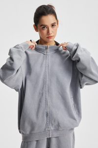 Women's Cotton Streetwear Wax-Dyed Washed Stand Collar Distressed Jacket
