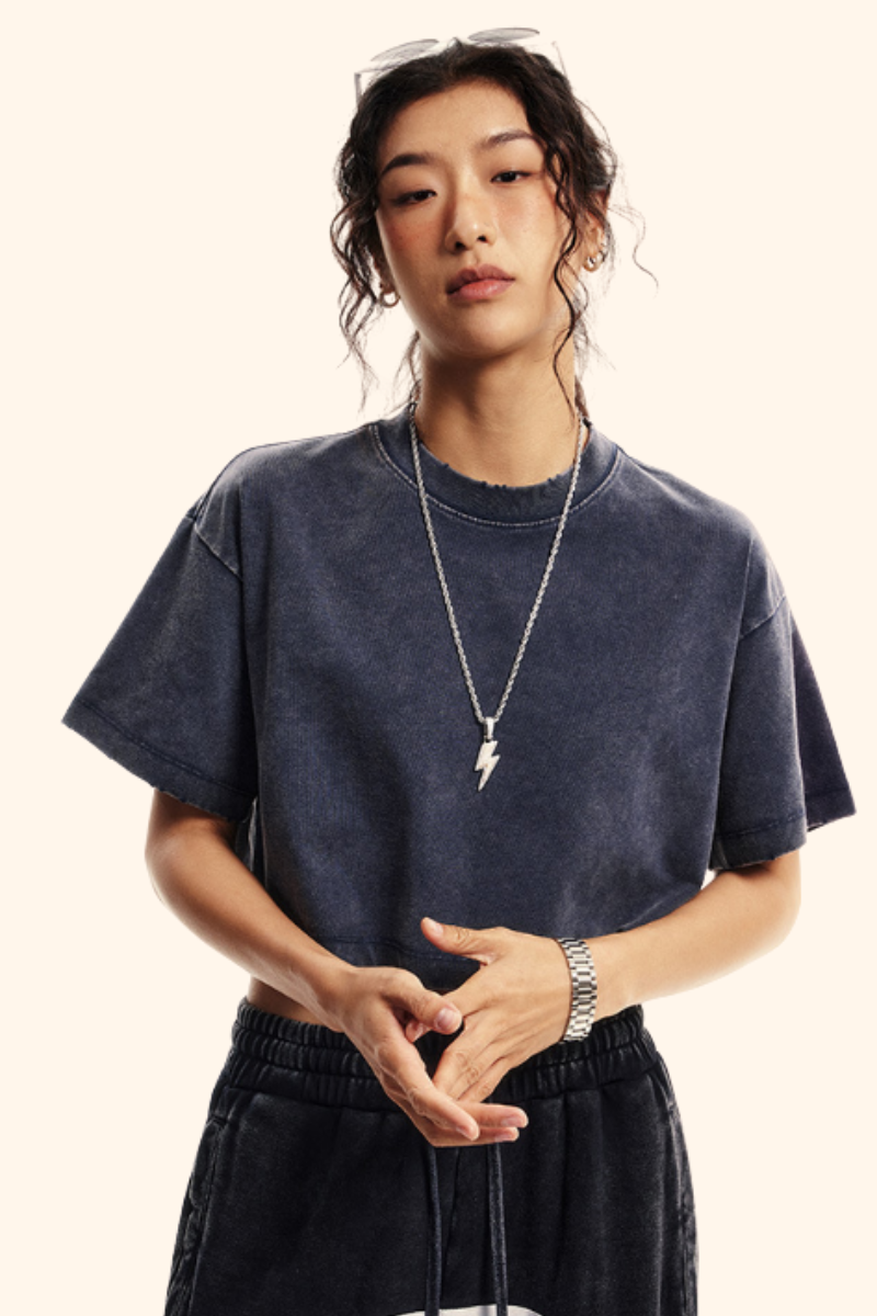 Women's Summer 230g Raw Edge Washed Crewneck Cropped Tee