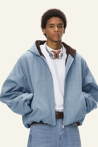 Men's Short-length Plush-lined Full-zipper Jacket.