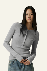 Women's Slim Fit Henley Neck Long Sleee T-shirt