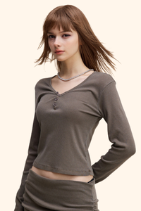 Women's 275g Sexy V-Neck Button Long Sleeve Slim Knit Top
