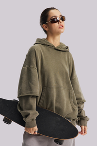 Women's Cotton Retro Faux-Two-Piece Washed  Hoodie