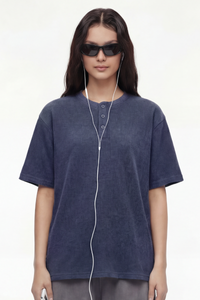 Women's Streetwear Washed Henley Collar Distressed T-shirt