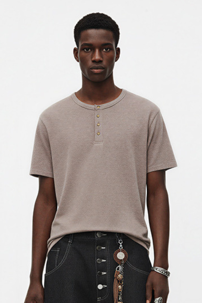 Men's Summer Button Placket Oversized Tee - Natural Fabric