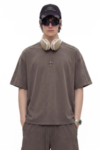 Unisex 275g Cotton Washed Raw Edge Patchwork Sports Tee