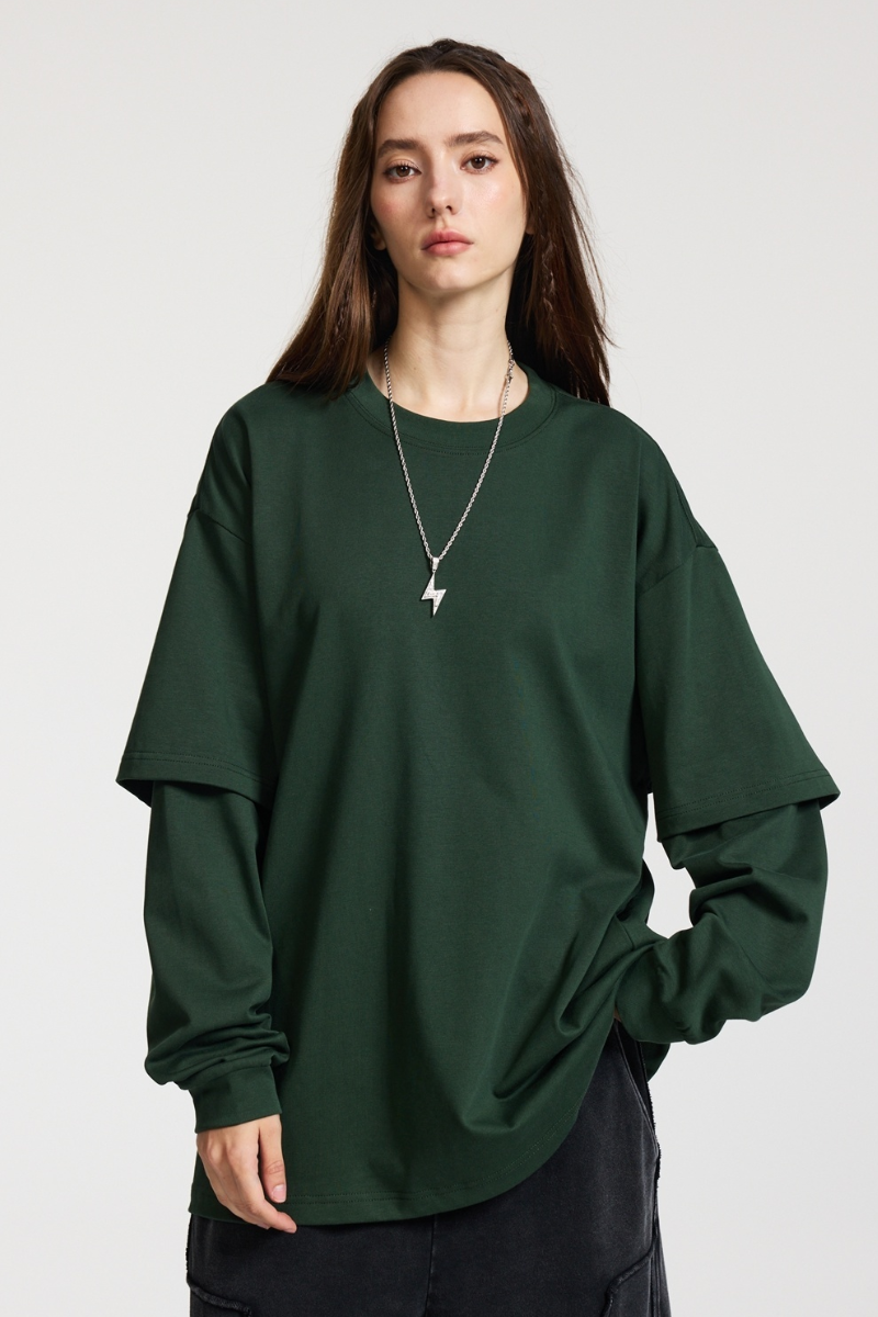 Women's Spring Summer 305g Cotton Mock Layer Long Sleeve
