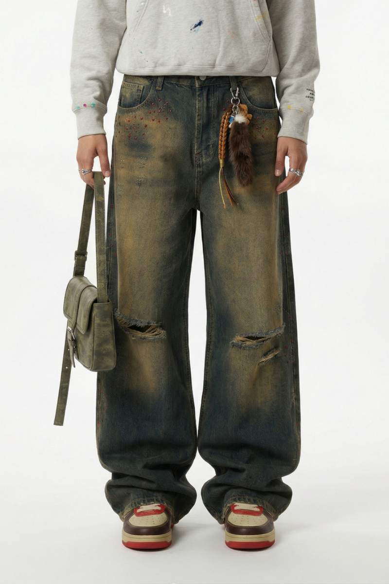 Men's Spring Summer Washed Ripped Red Rhinestone Wide Jeans