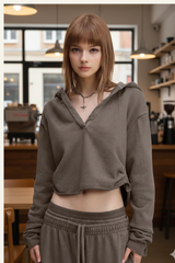 Women's Washed Loose Edged Pleated V-Neck Cotton Hoodie