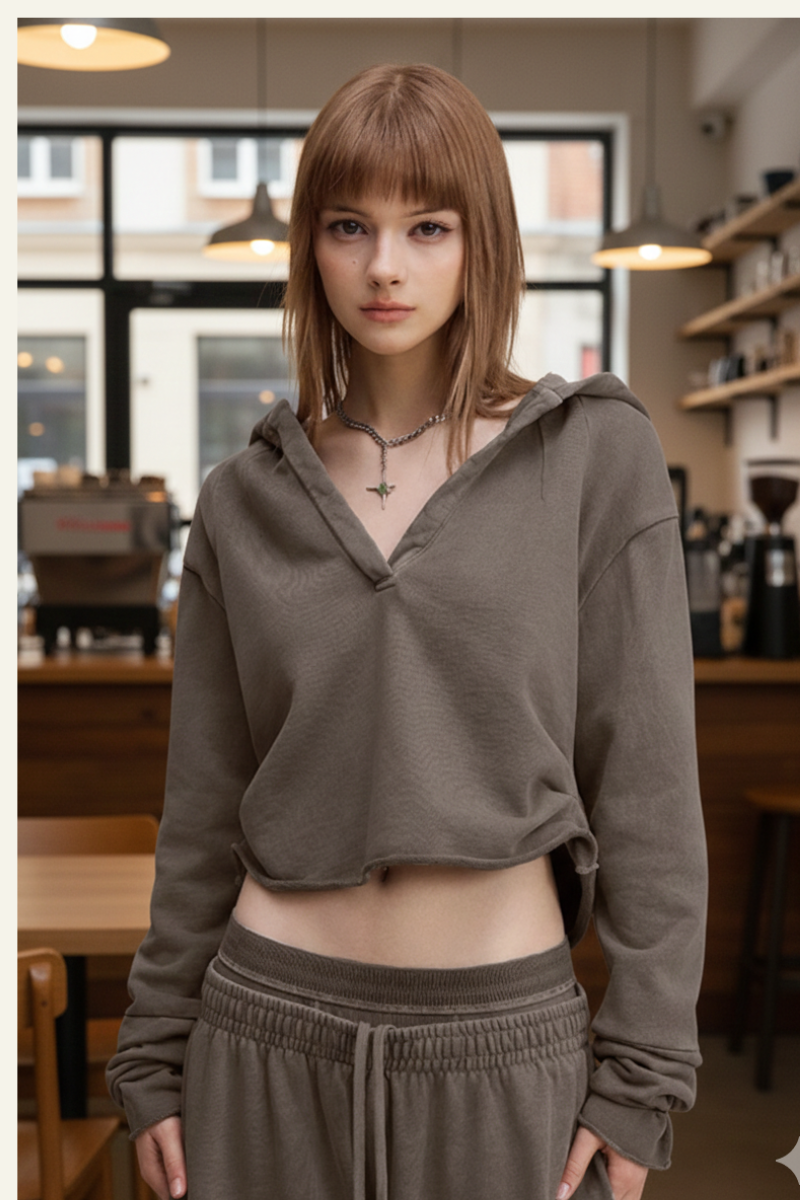 Women's Washed Loose Edged Pleated V-Neck Cotton Hoodie
