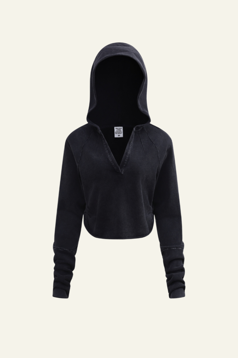 Women's Washed Loose Edged Pleated V-Neck Cotton Hoodie