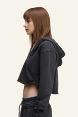 Women's Washed Loose Edged Pleated V-Neck Cotton Hoodie