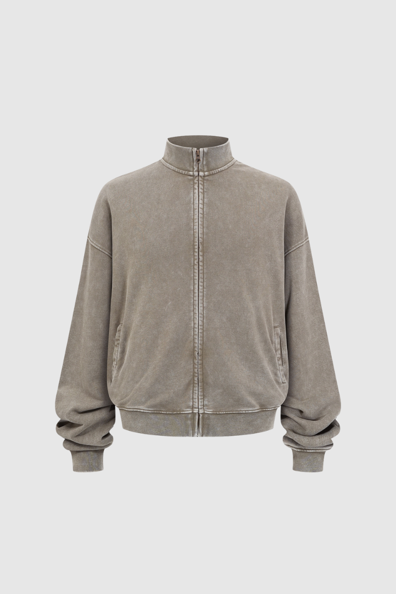Women's Cotton Streetwear Wax-Dyed Washed Stand Collar Distressed Jacket