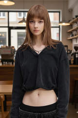 Women's Washed Loose Edged Pleated V-Neck Cotton Hoodie