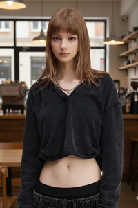 Women's Washed Loose Edged Pleated V-Neck Cotton Hoodie