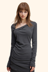 Women's 275G Washed Tee - Draped Ruched Slim Asymmetric Top