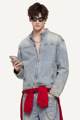 Men's 385g Washed Patchwork Denim StandCollar Zip Jacket