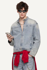 Men's 385g Washed Patchwork Denim StandCollar Zip Jacket