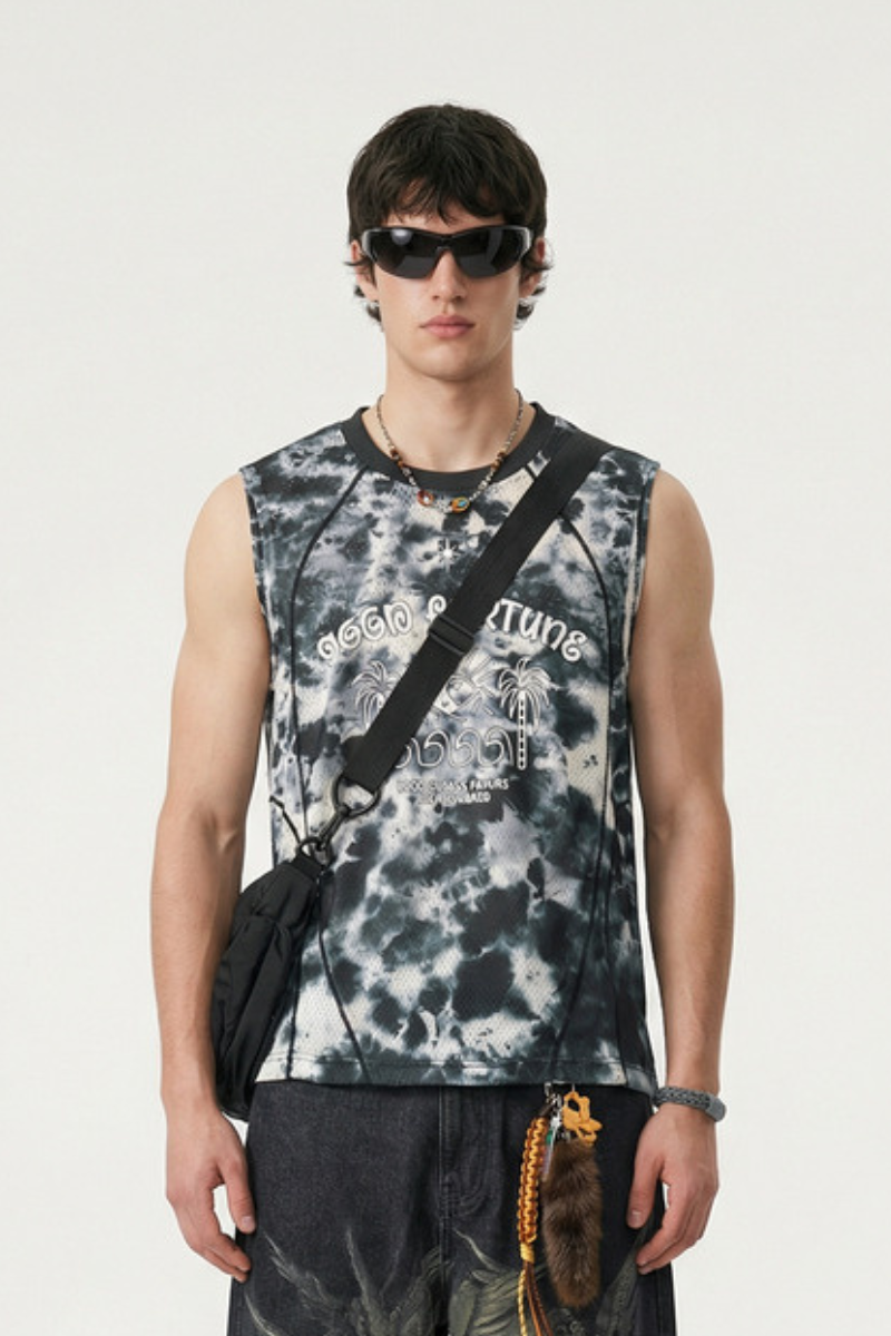 Men's Tie Dye Palm Print Mesh Seamless Sleeveless Tee