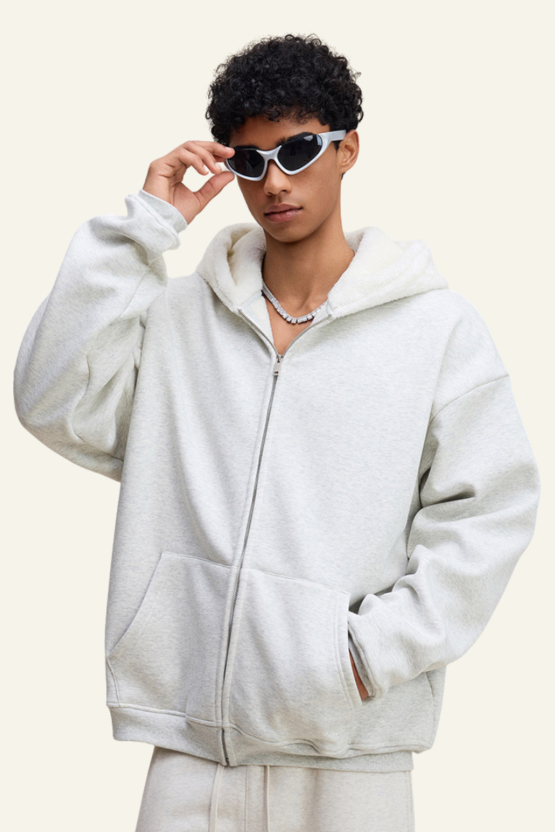 Men's Streetwear Brand Fleece-Lined Hooded Jacket