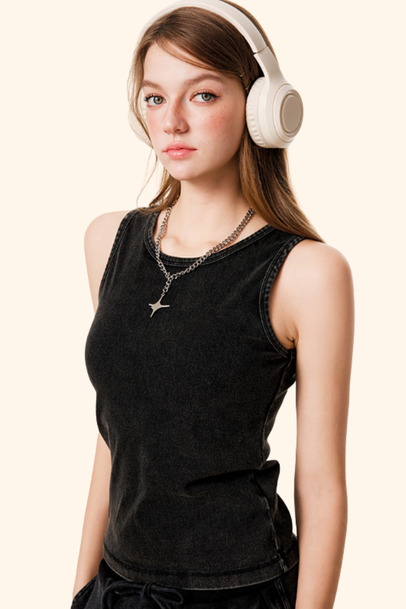 Women's Spring Summer Ribbed Crewneck Solid Tank Top