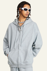 Pure color terry cloth hooded zip-up sweatshirt.