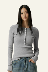 Women's Slim Fit Henley Neck Long Sleee T-shirt