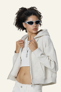 Women's  Fleece-lined Double-Zipper Cropped Hooded Jacket