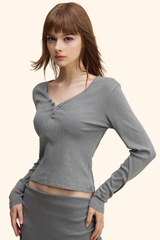 Women's 275g Sexy V-Neck Button Long Sleeve Slim Knit Top