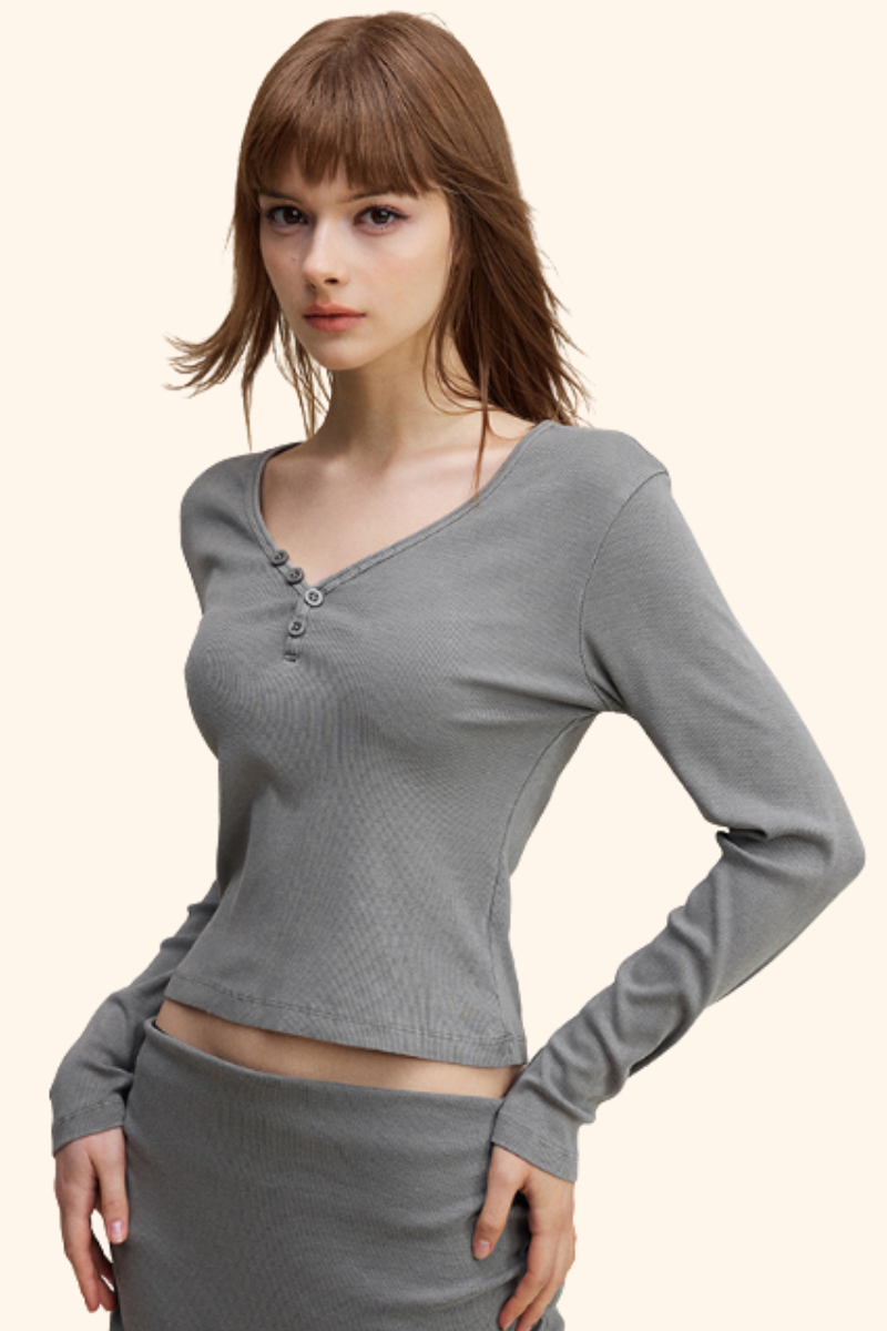 Women's 275g Sexy V-Neck Button Long Sleeve Slim Knit Top