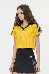 Color-blocked collegiate-style short T-shirt