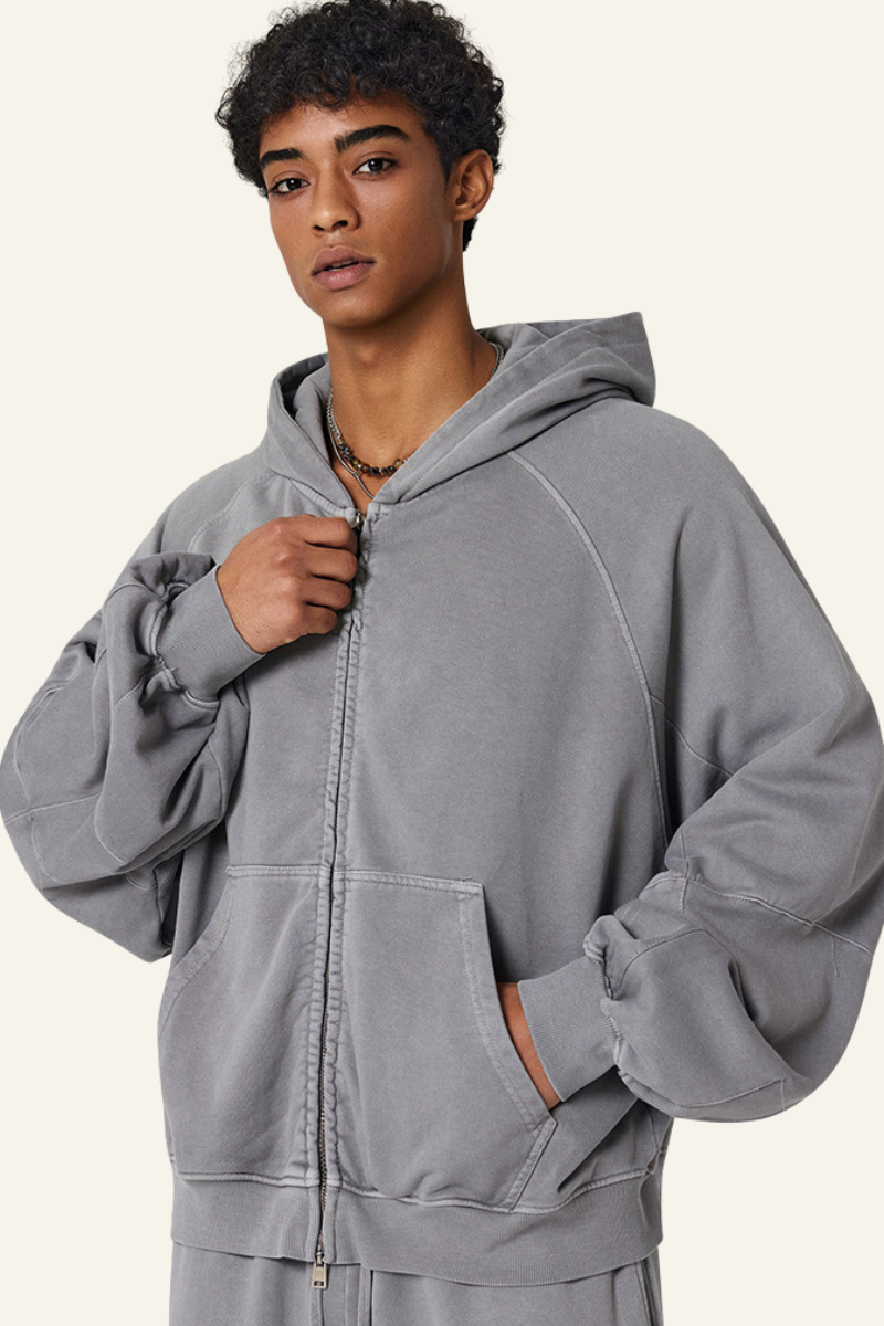 Men's  Streetwear Vintage Washed Full Zipper Hooded Jacket.