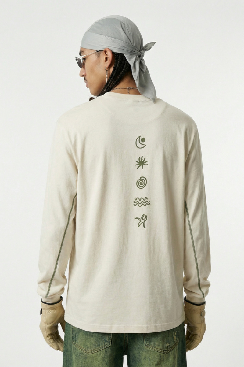 Men's Cotton Linen Symbol Print Colorblock Long Sleeve Tee