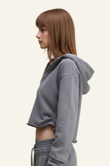 Women's Washed Loose Edged Pleated V-Neck Cotton Hoodie