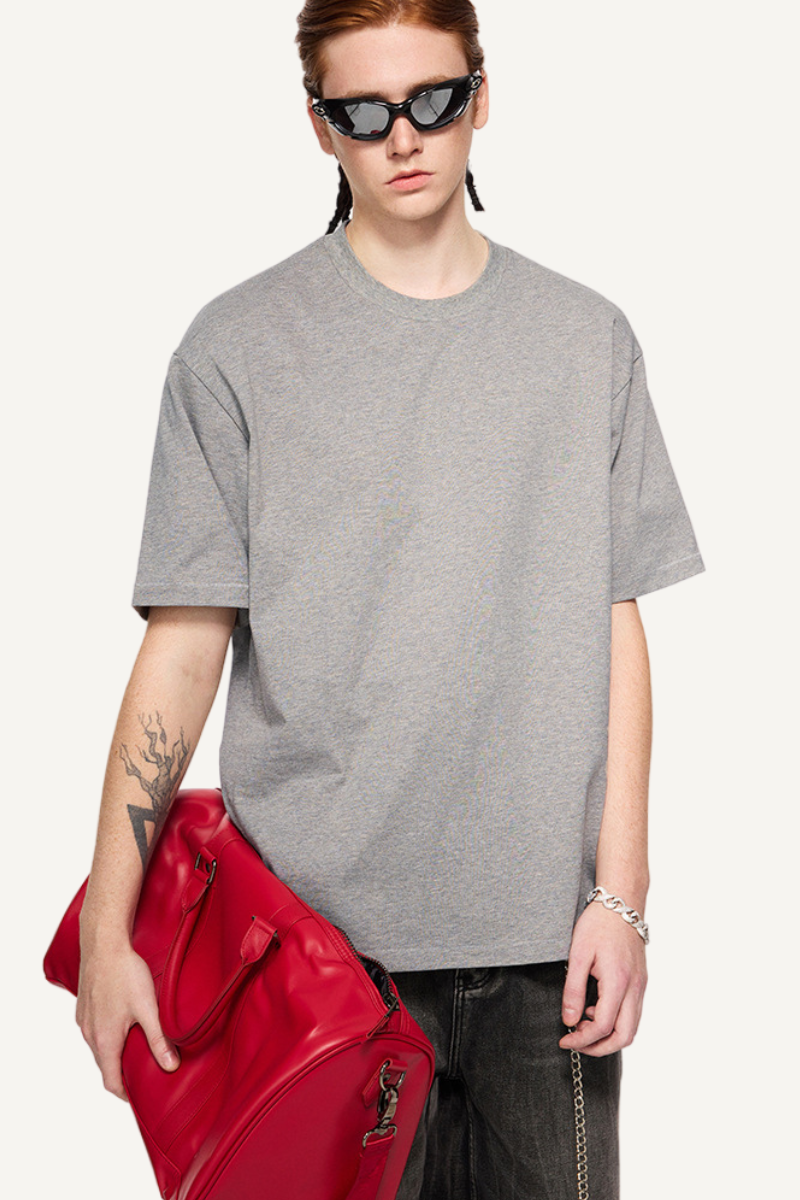 Men's Summer 260g Solid Cotton Loose Cuffed Tee